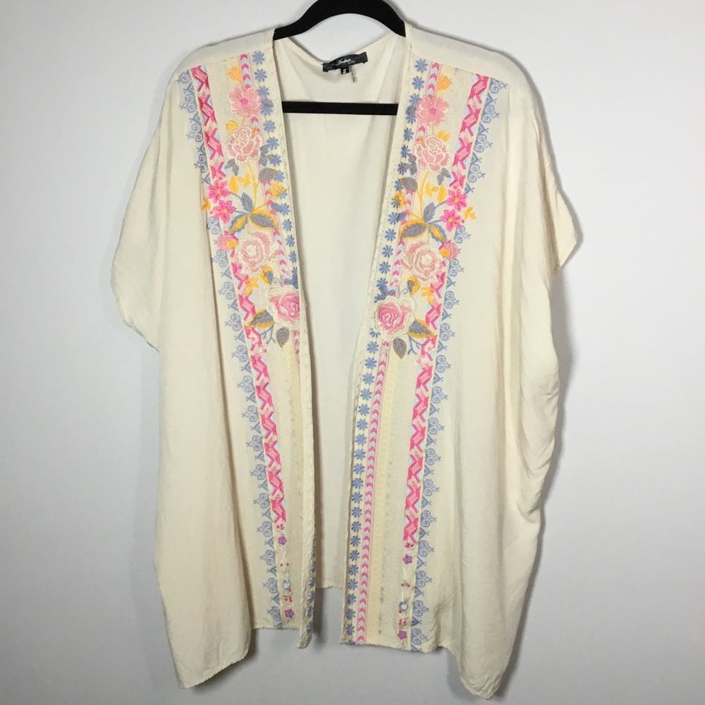 Cream duster pastel embroidered front flowy floaty hippie boho oversized Sz S